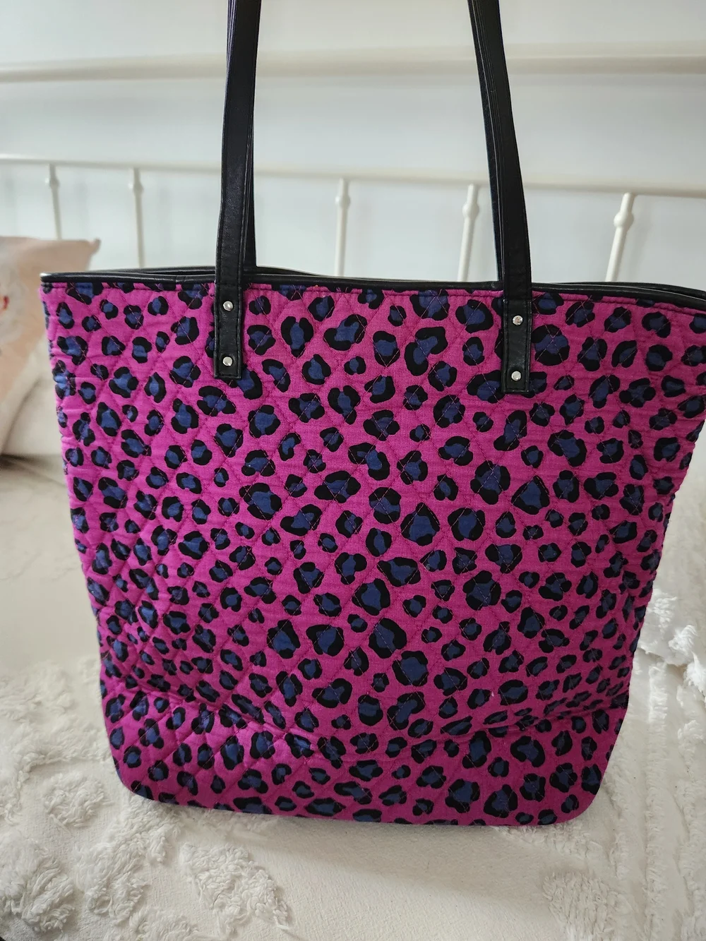 Vera Bradley Bright Pink Leopard Quilted Tote Bag with Black Trim